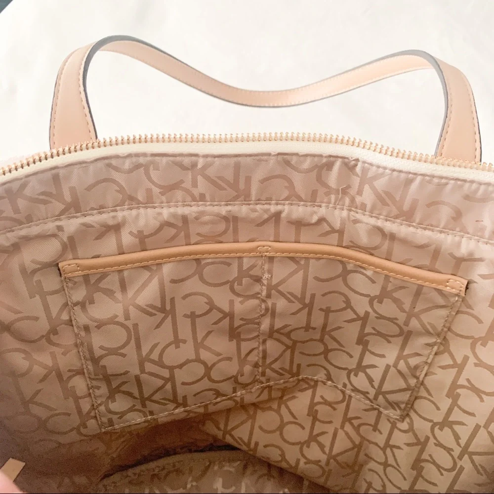 Calvin Klein Pink Cream Monogram Tote with Tan Handles